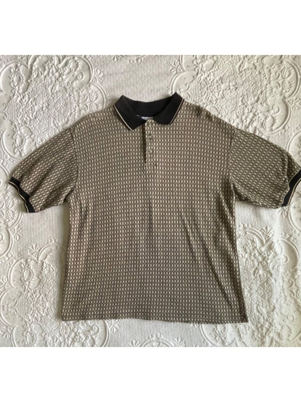 Vintage 1990s Beige and Black Geometric Print Golf Polo Shirt Men’s Size Large